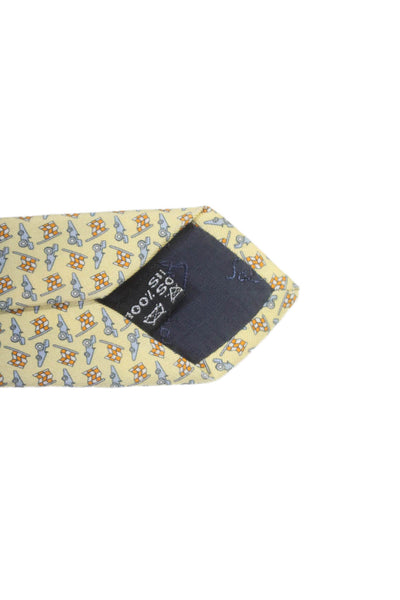 Salvatore Ferragamo Mens Silk Textured Lined Graphic Printed Tie Yellow OS