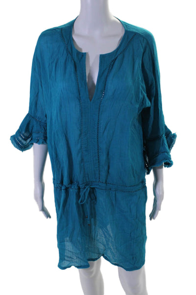 Vix Paula Hermanny Womens Long Sleeve V Neck Cover Up Blue Cotton Size Large