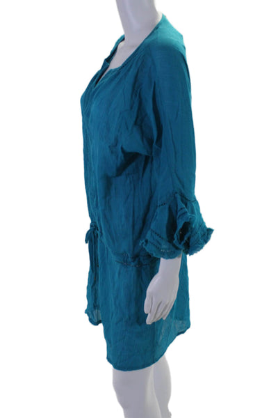 Vix Paula Hermanny Womens Long Sleeve V Neck Cover Up Blue Cotton Size Large