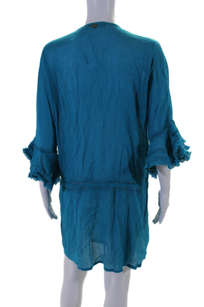 Vix Paula Hermanny Womens Long Sleeve V Neck Cover Up Blue Cotton Size Large