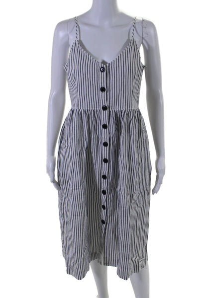 ATM Womens Button Front Spaghetti Strap Striped Dress White Navy Size Medium