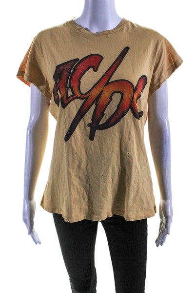 Made Worn Womens Cotton Graphic Distressed Casual Top Yellow Size XS