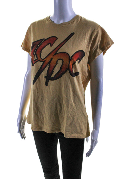 Made Worn Womens Cotton Graphic Distressed Casual Top Yellow Size XS