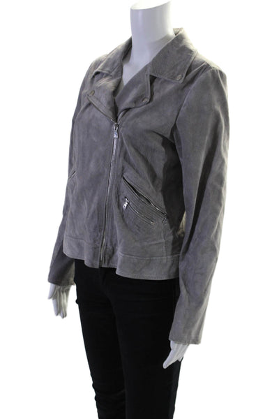 Ecru Womens Leather Ribbed Patchwork Long Sleeve Zipped Jacket Gray Size M