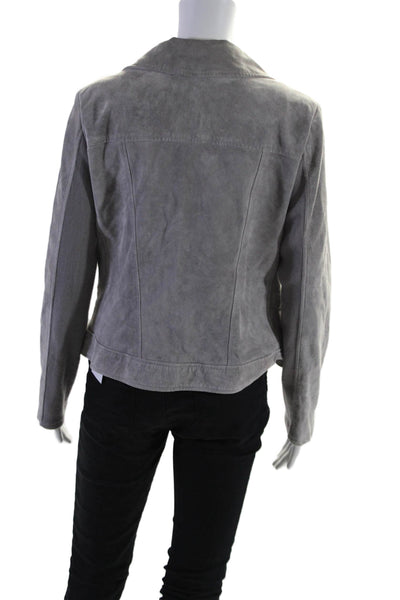 Ecru Womens Leather Ribbed Patchwork Long Sleeve Zipped Jacket Gray Size M