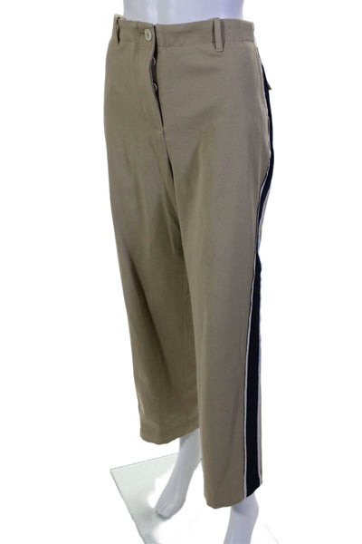 TWP Womens Button Fly High Rise Striped Trim Pants Brown Navy Cotton Size 8