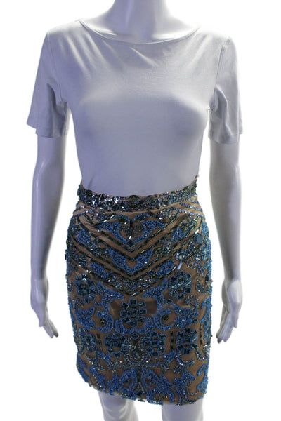 Sherri Hill Womens Beaded Jeweled Knee Length A Line Skirt Beige Blue Size 2