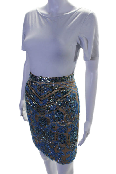 Sherri Hill Womens Beaded Jeweled Knee Length A Line Skirt Beige Blue Size 2