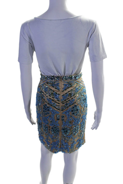 Sherri Hill Womens Beaded Jeweled Knee Length A Line Skirt Beige Blue Size 2