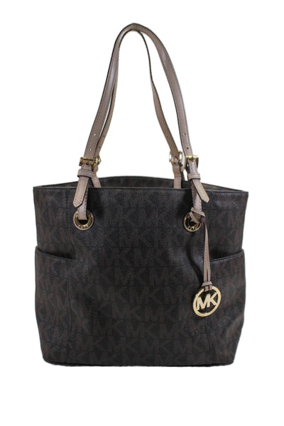 Michael Michael Kors Womens Monogram Coated Canvas Medium Tote Handbag Brown