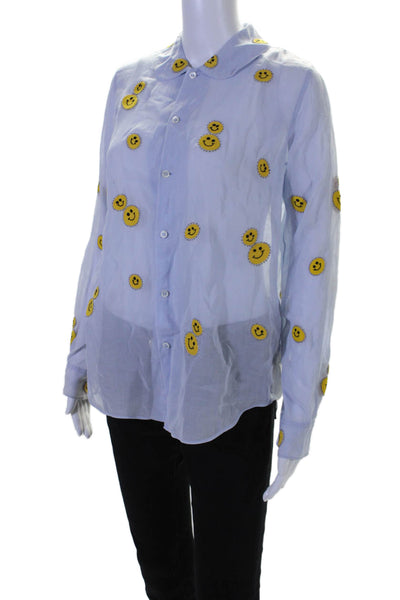 Jupe By Jackie Womens Cotton Embroidered Button Up Blouse Top Blue Size M