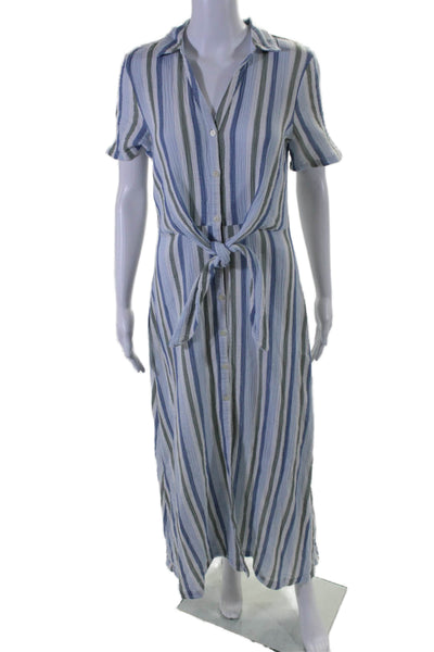 Caslon Womens Striped Short Sleeve Buttoned Tie Collared Dress Blue Size XS