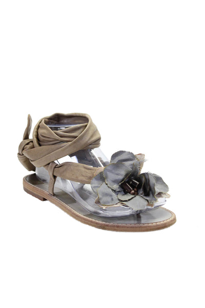 Brunello Cucinelli Womens Flower Embellished Strappy Sandals Brown Leather 37