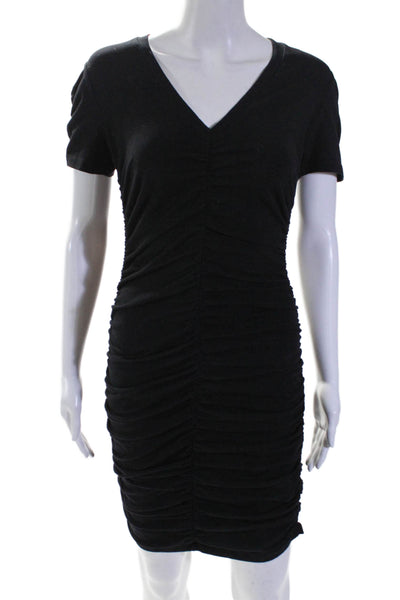 Monrow Womens Cotton Short Sleeved V Neck Ruched Stretch Dress Black Size S