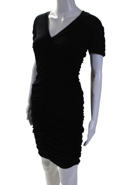 Monrow Womens Cotton Short Sleeved V Neck Ruched Stretch Dress Black Size S