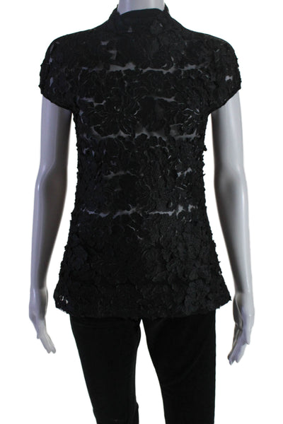 Gracia Womens Floral Textured Sheer Short Sleeved Mock Neck Shirt Black Size M