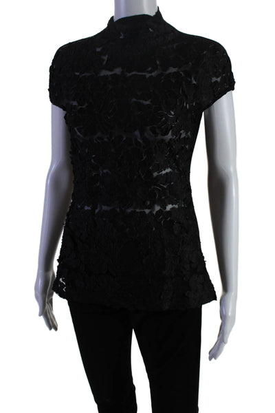 Gracia Womens Floral Textured Sheer Short Sleeved Mock Neck Shirt Black Size M