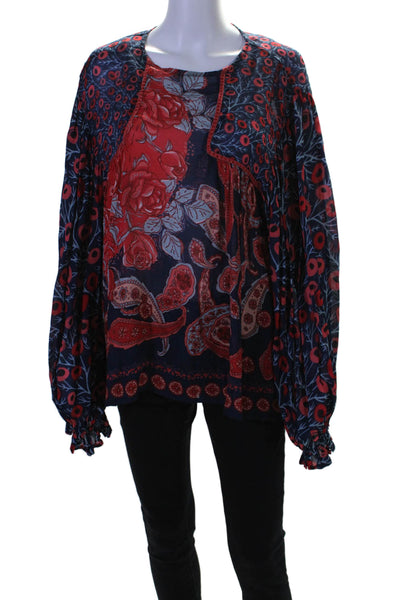 Blank London Womens Long Sleeve Round Neck Floral Blouse Blue Red Size Large