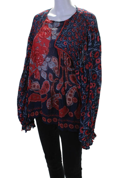 Blank London Womens Long Sleeve Round Neck Floral Blouse Blue Red Size Large