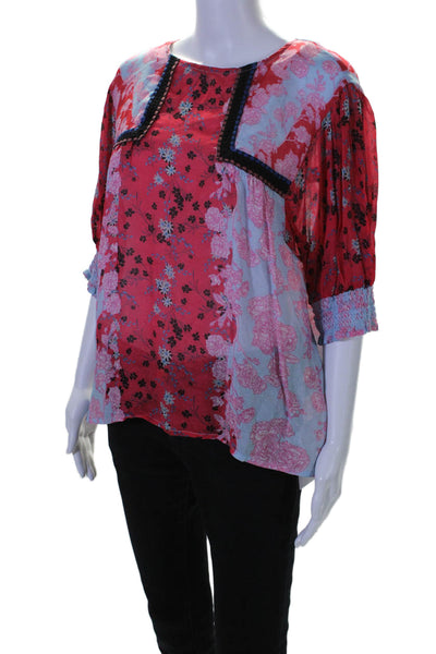 Blank London Womens Short Sleeve Scoop Neck Floral Top Pink Blue Size Medium