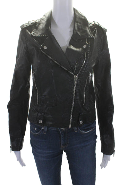 Blank NYC Womens Leather Textured Zip Silver Hardware Biker Jacket Black Size S