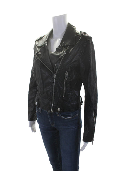 Blank NYC Womens Leather Textured Zip Silver Hardware Biker Jacket Black Size S