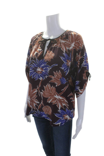 Yumi Kim Womens Silk Short Sleeve V Neck Floral Blouse Maroon Size XS