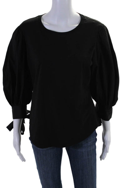 Cinq A Sept Womens Cotton Round Neck Long Sleeve Blouse Top Black Size L