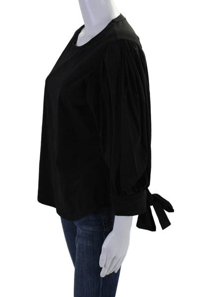 Cinq A Sept Womens Cotton Round Neck Long Sleeve Blouse Top Black Size L