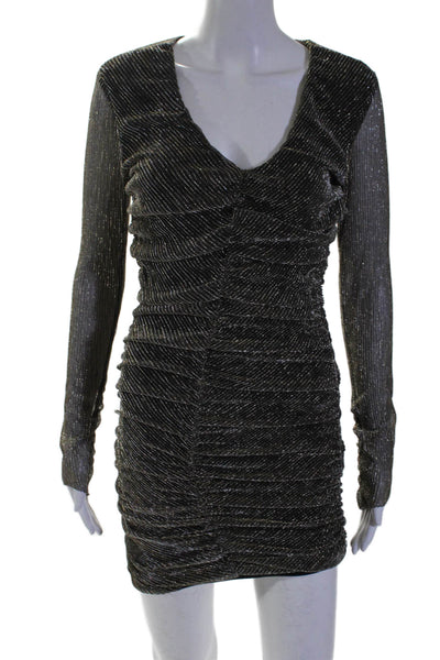 Steve Madden Womens Striped Textured Long Sleeve Ruched V Neck Dress Gold Size S