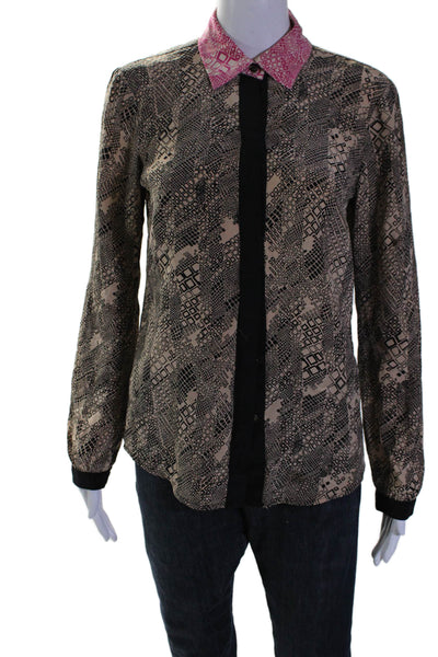 Trina Turk Womens Silk Brown Printed Long Sleeve Button Front Blouse Top Size S