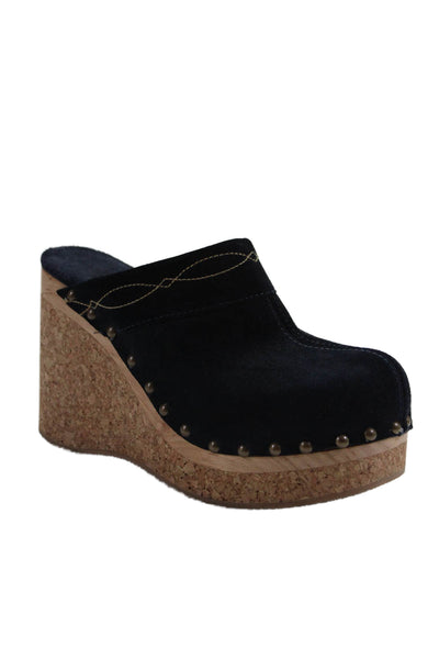 Earl Jean Womens Wedge Heel Platform Mules Pumps Navy Suede Size 7