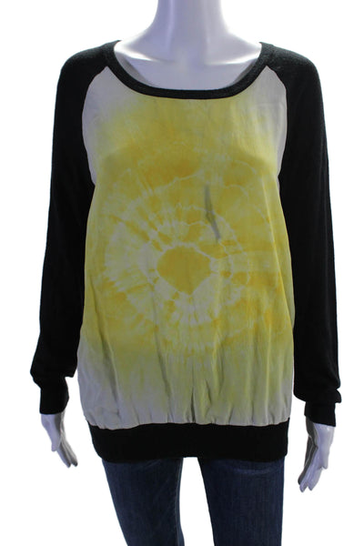 Joie Womens Silk Yellow Printed Black Long Sleeve Scoop Neck Sweater Top Size S