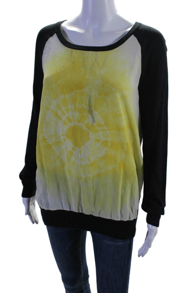 Joie Womens Silk Yellow Printed Black Long Sleeve Scoop Neck Sweater Top Size S