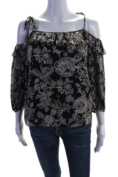 Ella Moss Womens Floral Print Off The Shoulder Blouse Black Grey Size Extra Smal