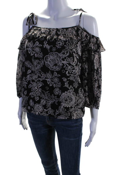 Ella Moss Womens Floral Print Off The Shoulder Blouse Black Grey Size Extra Smal