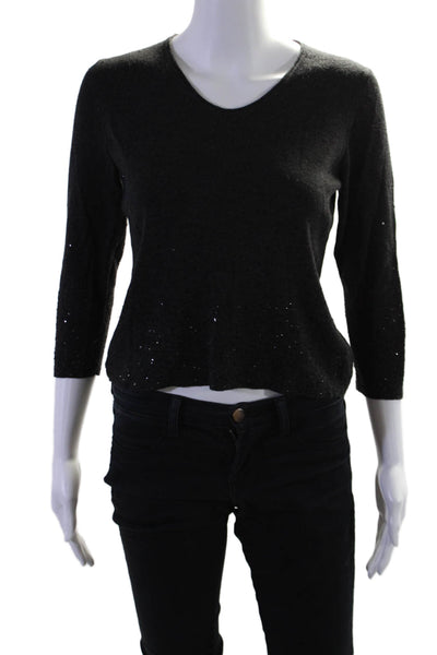 Eileen Fisher Womens 3/4 Sleeve V Neck Sequin Knit Sweater Gray Wool Size PS