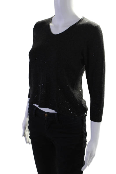 Eileen Fisher Womens 3/4 Sleeve V Neck Sequin Knit Sweater Gray Wool Size PS