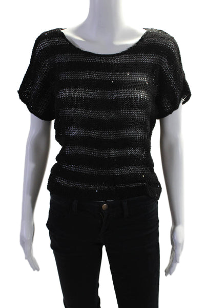 Eileen Fisher Womens Short Sleeve Open Knit Sequin Top Black Cotton Size XS