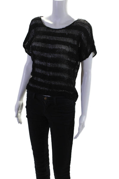 Eileen Fisher Womens Short Sleeve Open Knit Sequin Top Black Cotton Size XS