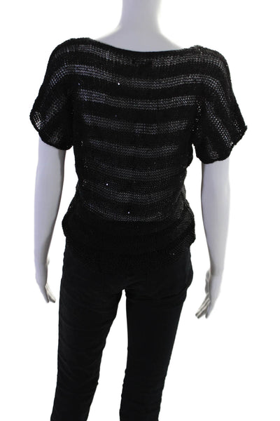 Eileen Fisher Womens Short Sleeve Open Knit Sequin Top Black Cotton Size XS