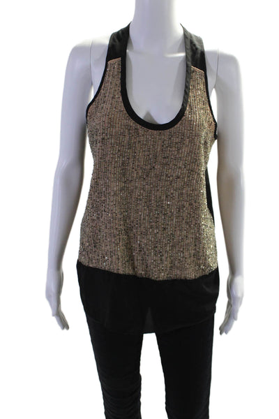 Eileen Fisher Womens Sleeveless Scoop Neck Sequin Silk Top Brown Black Medium