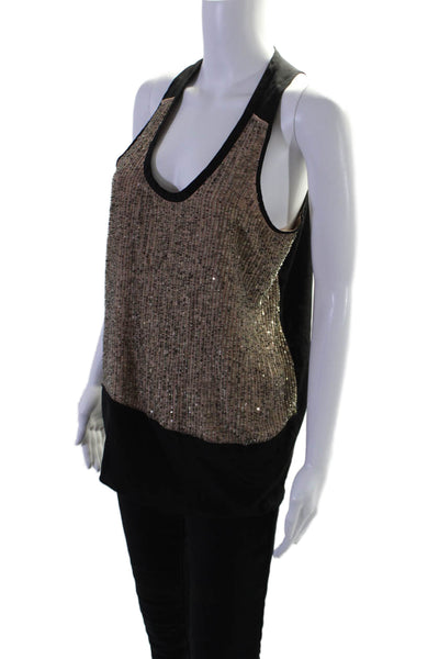 Eileen Fisher Womens Sleeveless Scoop Neck Sequin Silk Top Brown Black Medium