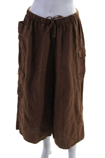 Flax Womens Linen High Rise Drawstring Waist Wide Leg Pants Brown Size Medium