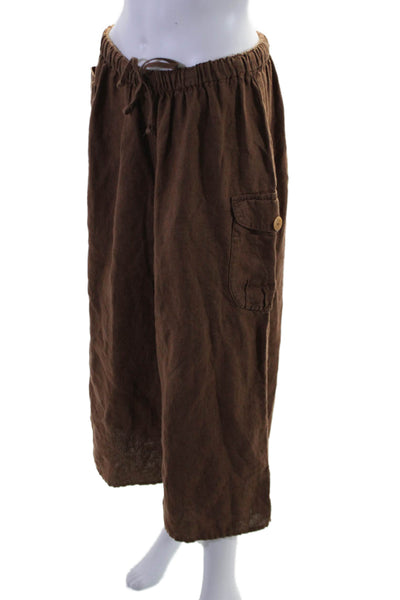 Flax Womens Linen High Rise Drawstring Waist Wide Leg Pants Brown Size Medium