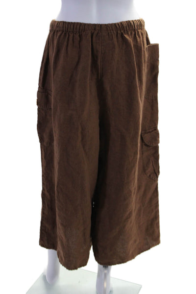 Flax Womens Linen High Rise Drawstring Waist Wide Leg Pants Brown Size Medium