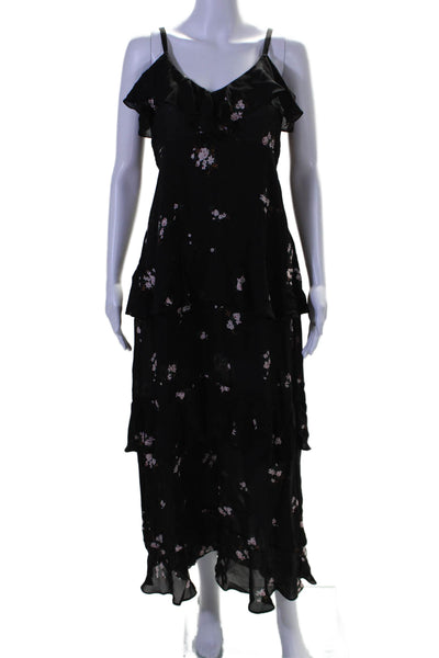 ALC Womens Silk V Neck Floral Print Ruffle Maxi Dress Black Size 6