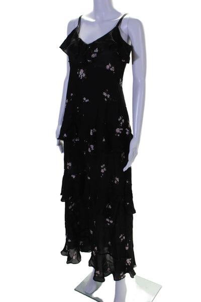 ALC Womens Silk V Neck Floral Print Ruffle Maxi Dress Black Size 6