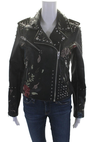 Blank NYC Womens Vegan Leather Studded Embroidered Zip Up Jacket Black Size S