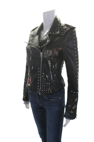 Blank NYC Womens Vegan Leather Studded Embroidered Zip Up Jacket Black Size S